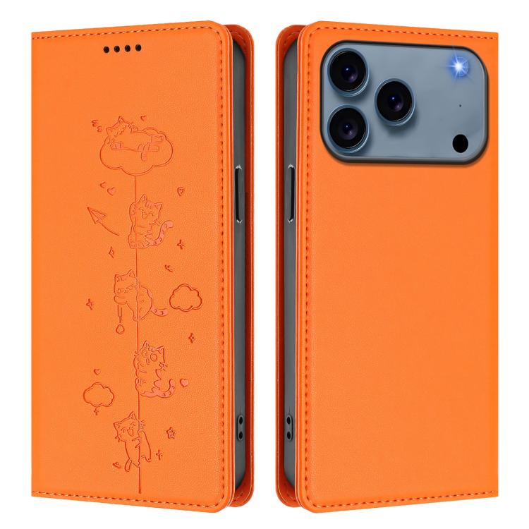 For iPhone 17 Pro Cute Cats Embossed Magnetic RFID Vegan Leather Phone Case