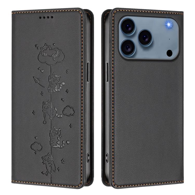 For iPhone 17 Pro Cute Cats Embossed Magnetic RFID Vegan Leather Phone Case