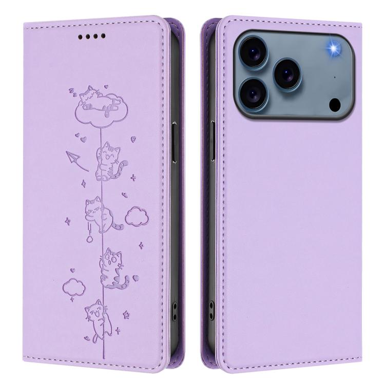 For iPhone 17 Pro Cute Cats Embossed Magnetic RFID Vegan Leather Phone Case