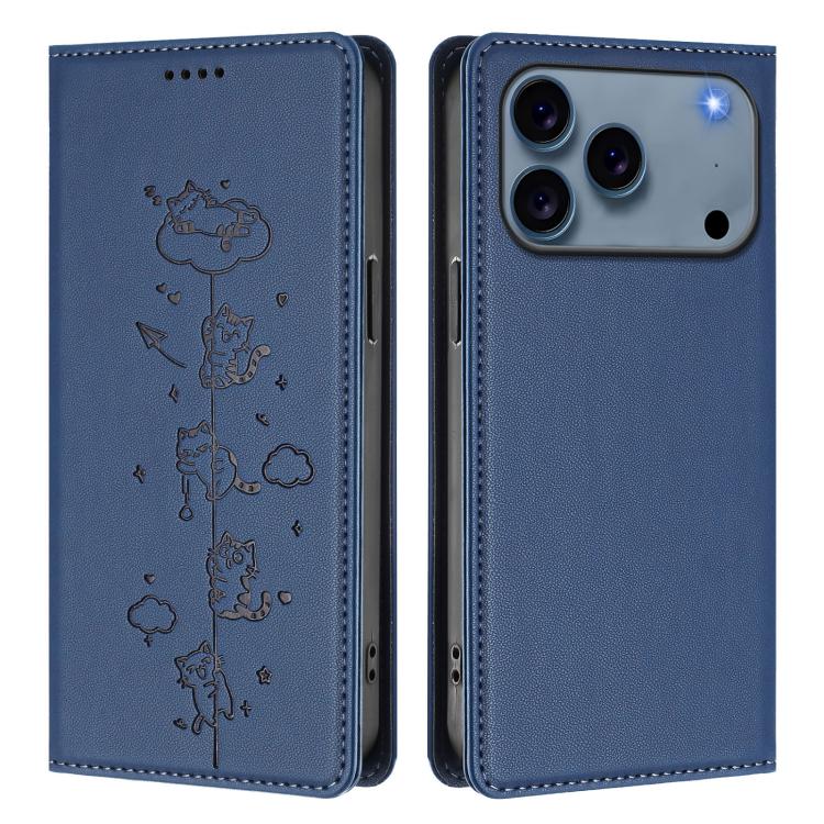 For iPhone 17 Pro Cute Cats Embossed Magnetic RFID Vegan Leather Phone Case
