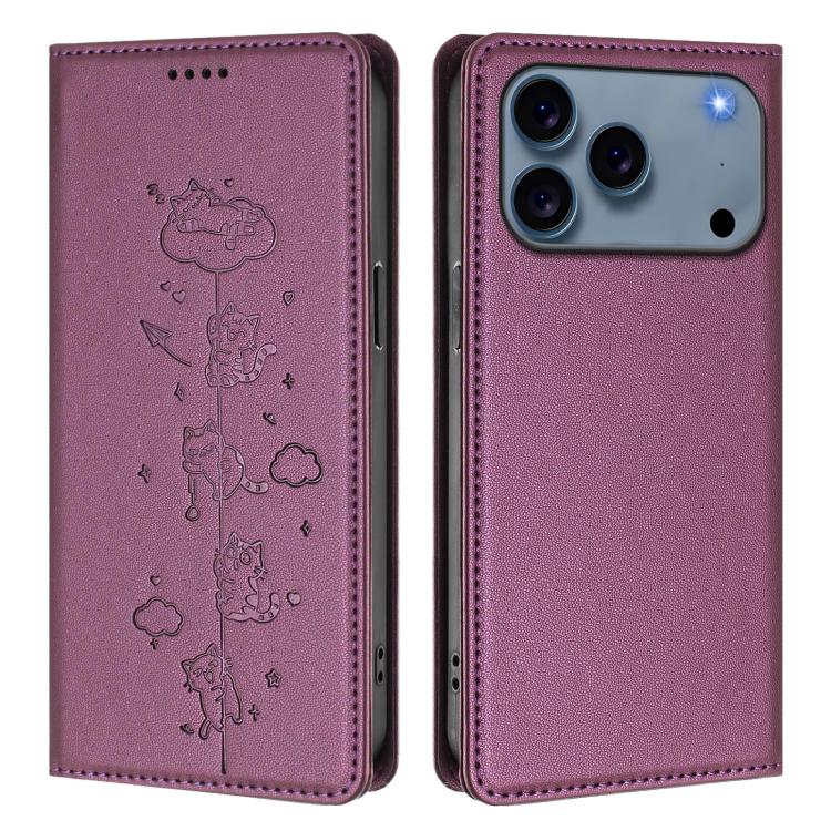For iPhone 17 Pro Cute Cats Embossed Magnetic RFID Vegan Leather Phone Case