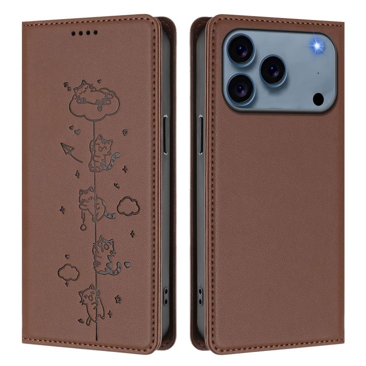 For iPhone 17 Pro Cute Cats Embossed Magnetic RFID Vegan Leather Phone Case