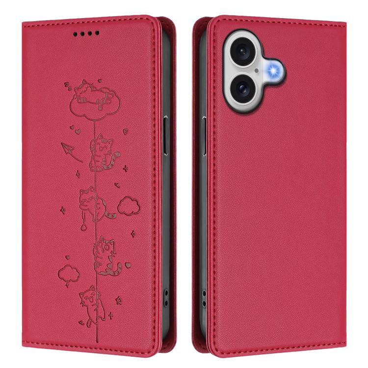 For iPhone 17 Cute Cats Embossed Magnetic RFID Vegan Leather Phone Case