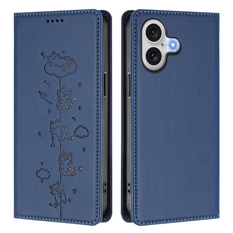 For iPhone 17 Cute Cats Embossed Magnetic RFID Vegan Leather Phone Case
