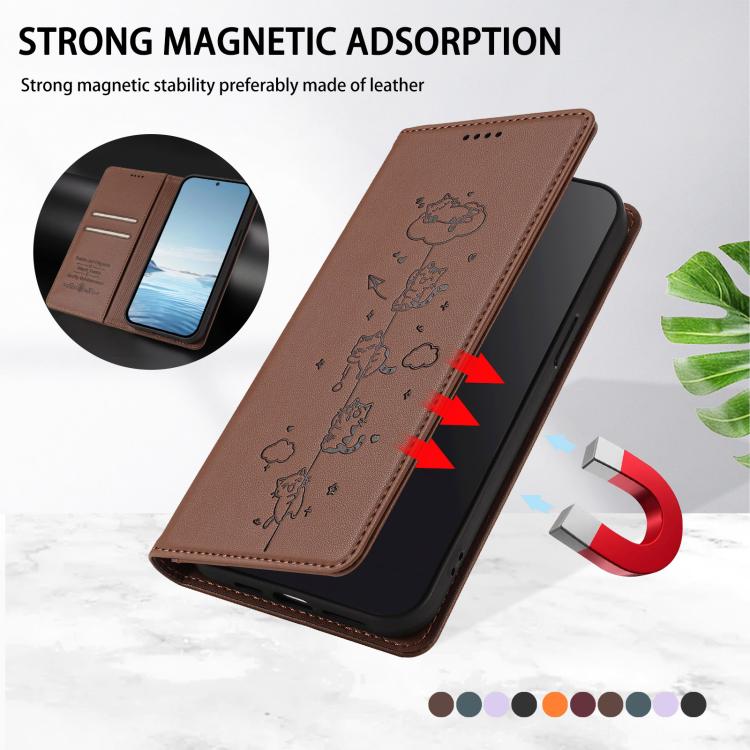 For iPhone 17 Cute Cats Embossed Magnetic RFID Vegan Leather Phone Case