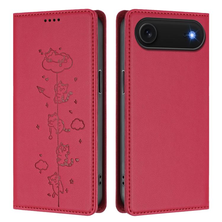 For iPhone Air Cute Cats Embossed Magnetic RFID Vegan Leather Phone Case
