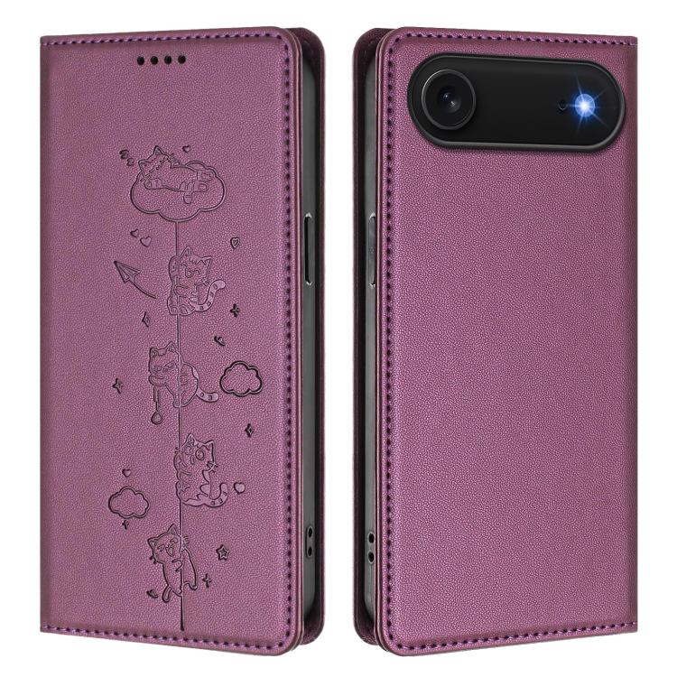 For iPhone Air Cute Cats Embossed Magnetic RFID Vegan Leather Phone Case