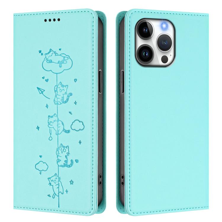 For iPhone 16 Pro Max Cute Cats Embossed Magnetic RFID Vegan Leather Phone Case