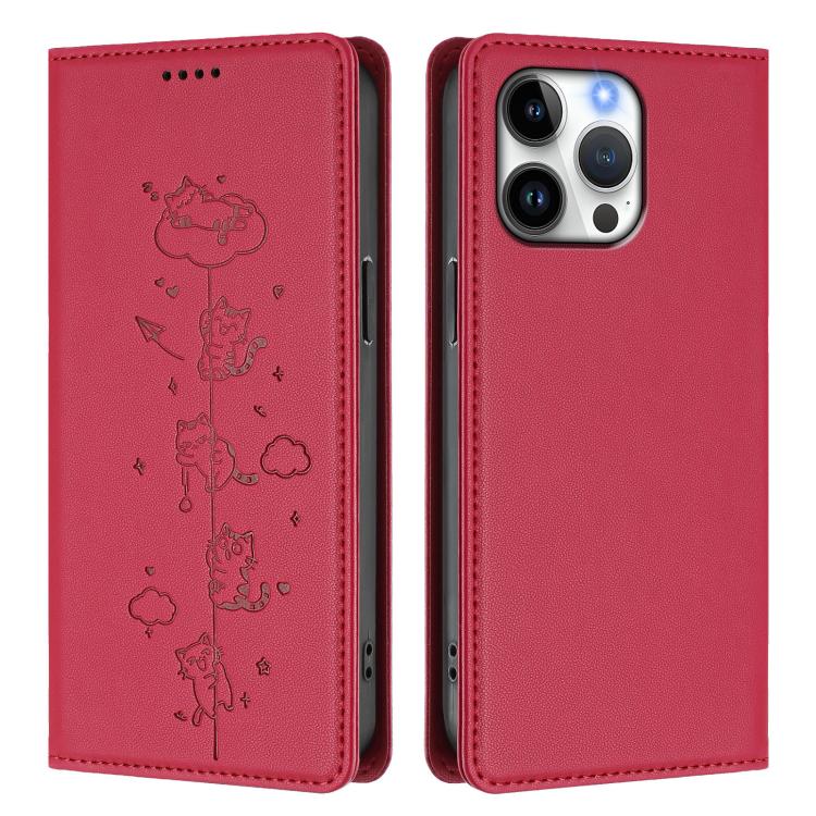 For iPhone 16 Pro Max Cute Cats Embossed Magnetic RFID Vegan Leather Phone Case