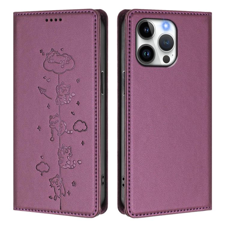 For iPhone 16 Pro Max Cute Cats Embossed Magnetic RFID Vegan Leather Phone Case