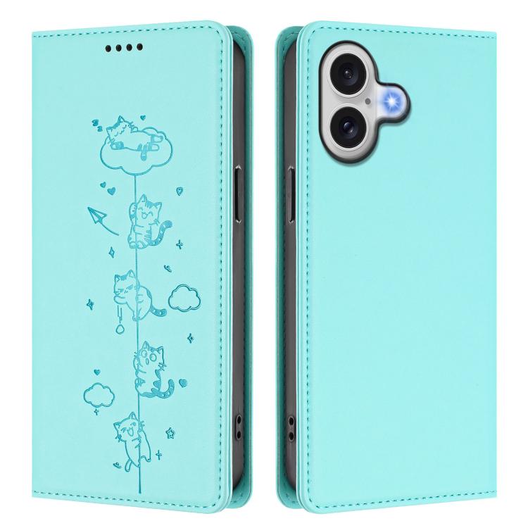For iPhone 16 Plus Cute Cats Embossed Magnetic RFID Vegan Leather Phone Case