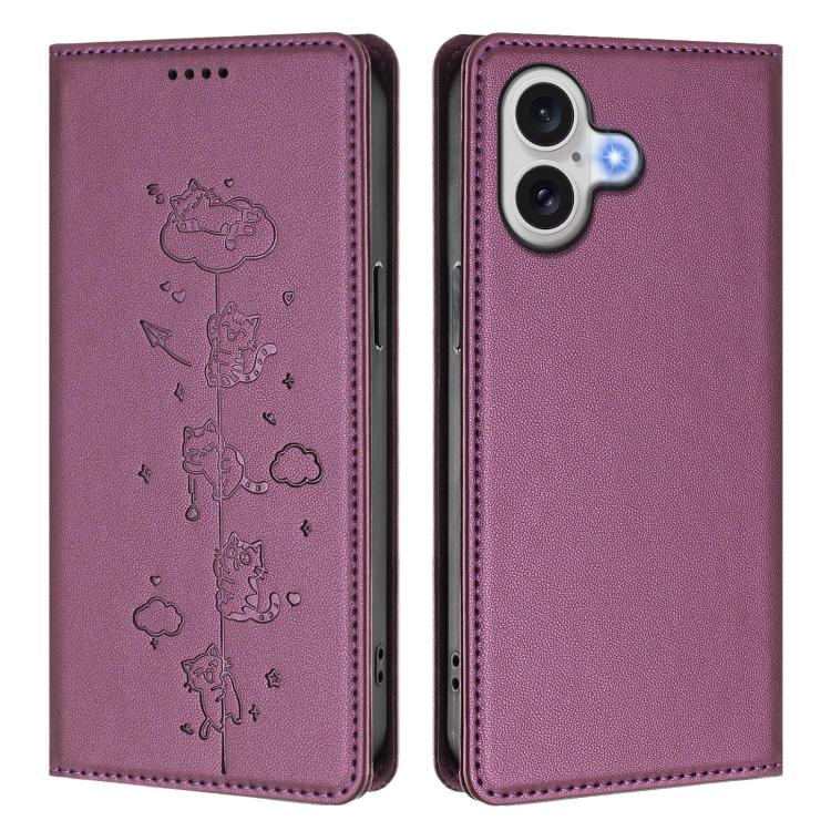 For iPhone 16 Plus Cute Cats Embossed Magnetic RFID Vegan Leather Phone Case