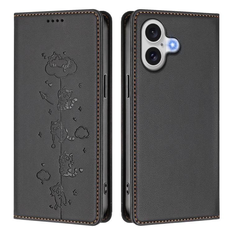 For iPhone 16 Cute Cats Embossed Magnetic RFID Vegan Leather Phone Case