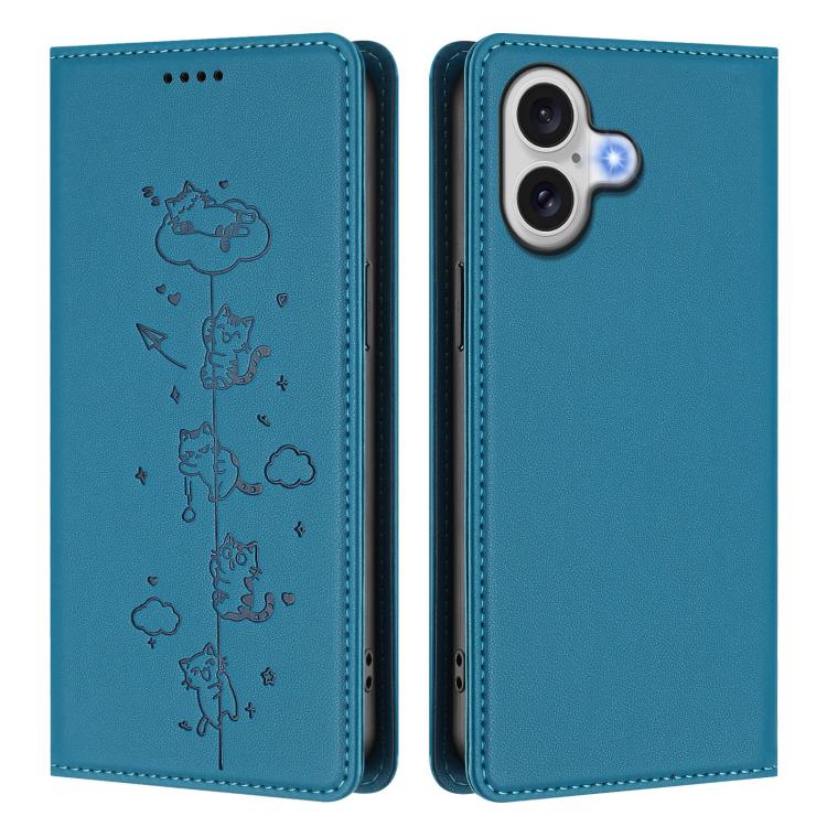 For iPhone 16 Cute Cats Embossed Magnetic RFID Vegan Leather Phone Case