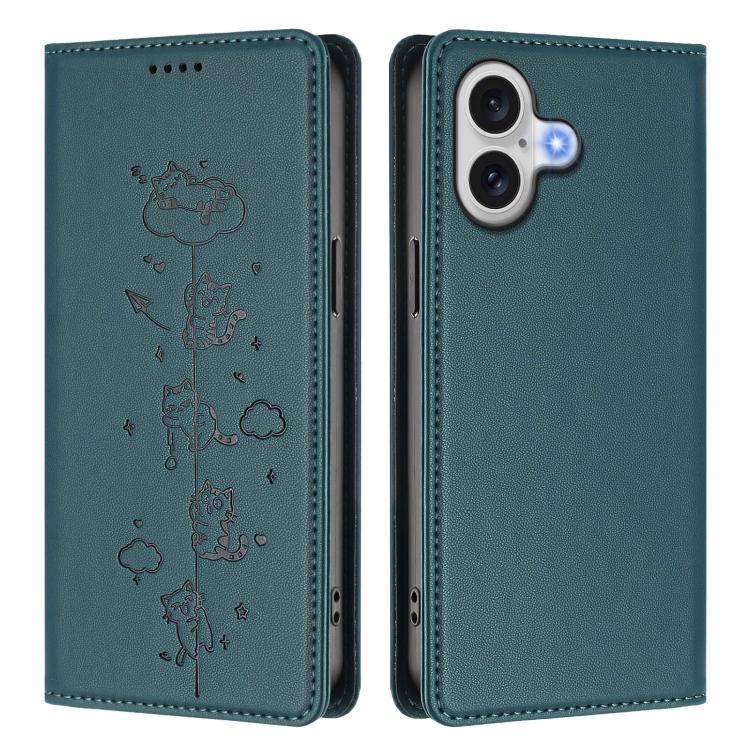 For iPhone 16 Cute Cats Embossed Magnetic RFID Vegan Leather Phone Case