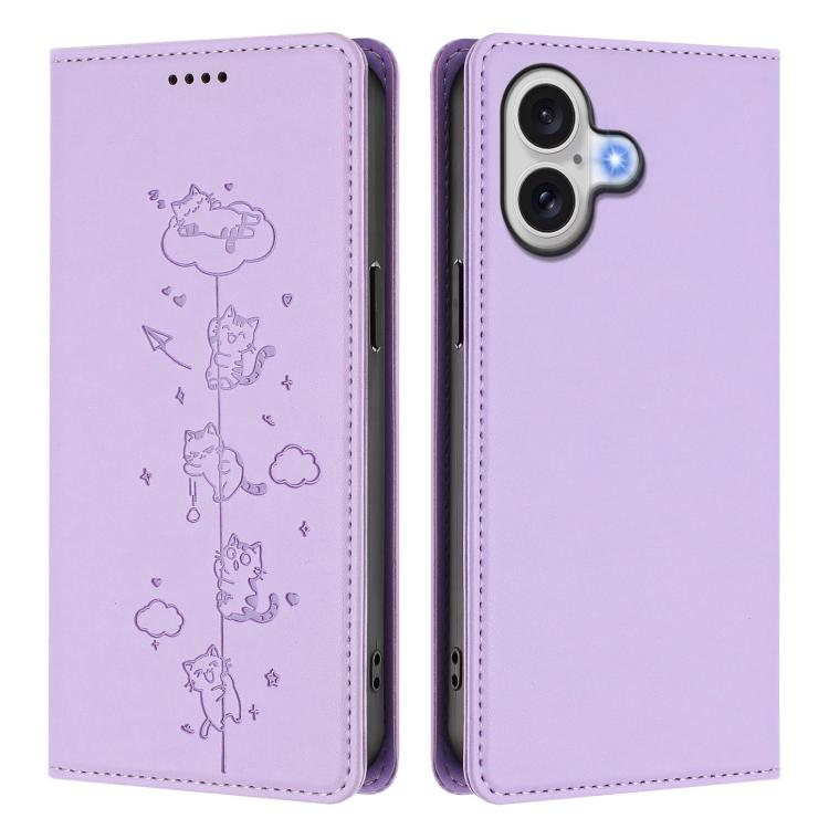 For iPhone 16 Cute Cats Embossed Magnetic RFID Vegan Leather Phone Case