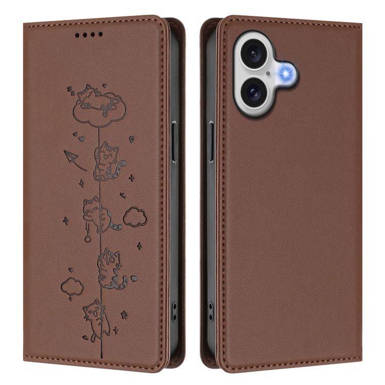 For iPhone 16 Cute Cats Embossed Magnetic RFID Vegan Leather Phone Case