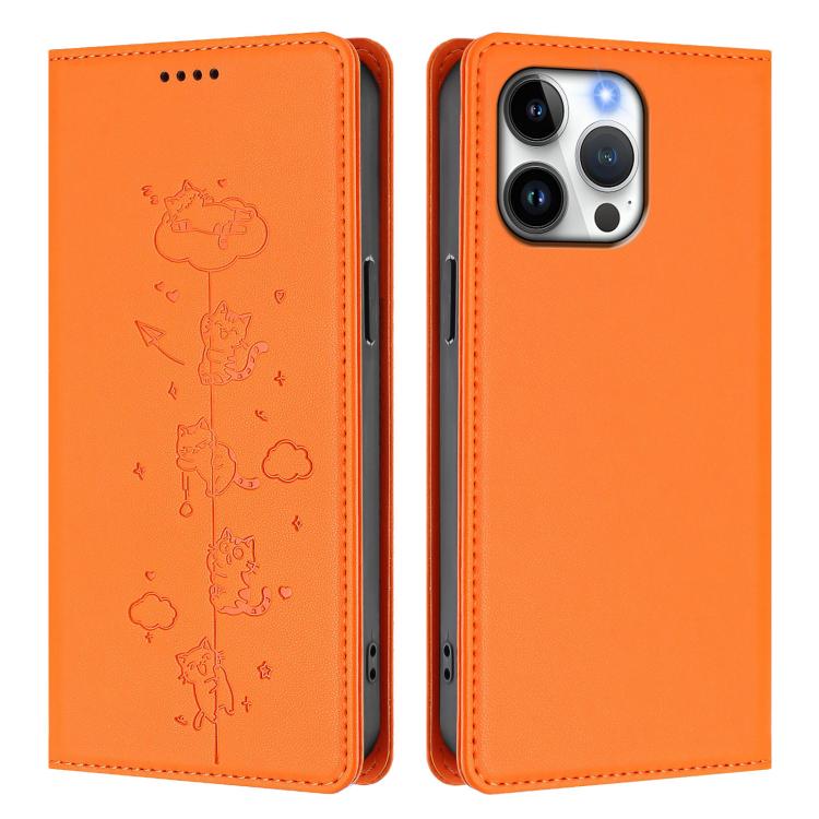 For iPhone 15 Pro Cute Cats Embossed Magnetic RFID Vegan Leather Phone Case