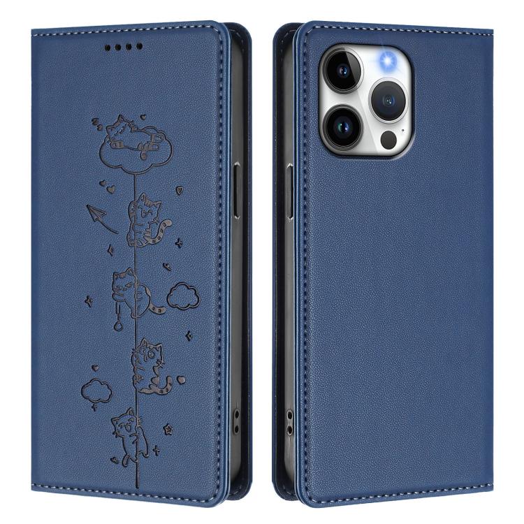 For iPhone 15 Pro Cute Cats Embossed Magnetic RFID Vegan Leather Phone Case
