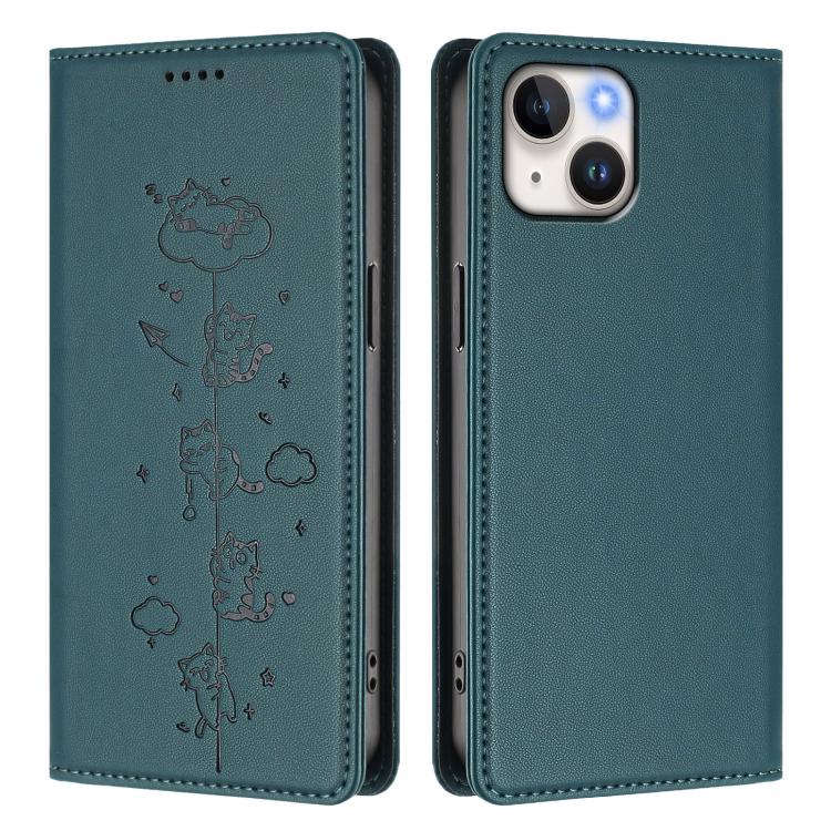 For iPhone 15 Plus Cute Cats Embossed Magnetic RFID Vegan Leather Phone Case