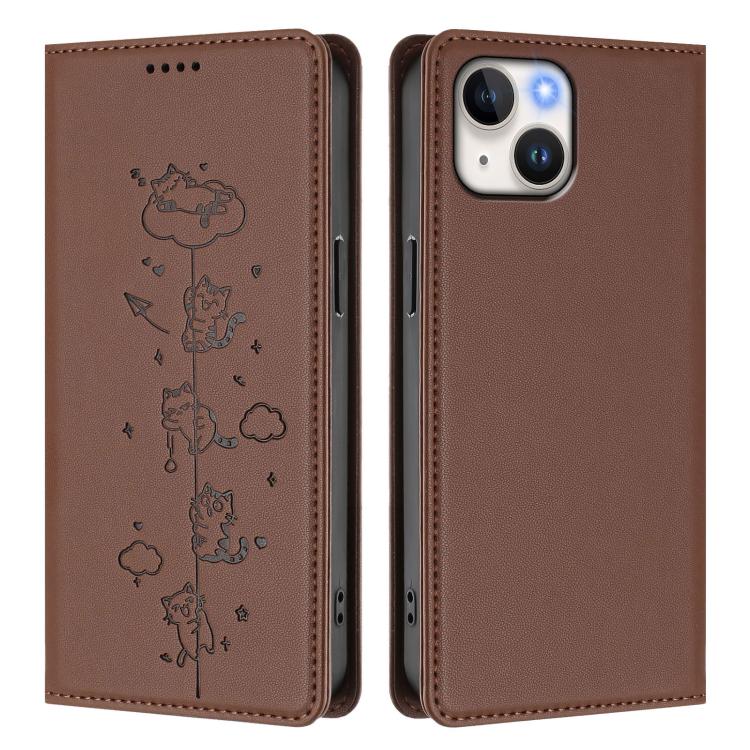 For iPhone 15 Plus Cute Cats Embossed Magnetic RFID Vegan Leather Phone Case