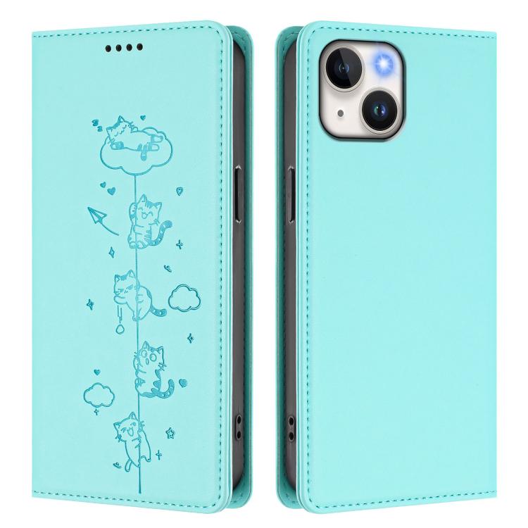 For iPhone 14 Plus Cute Cats Embossed Magnetic RFID Vegan Leather Phone Case