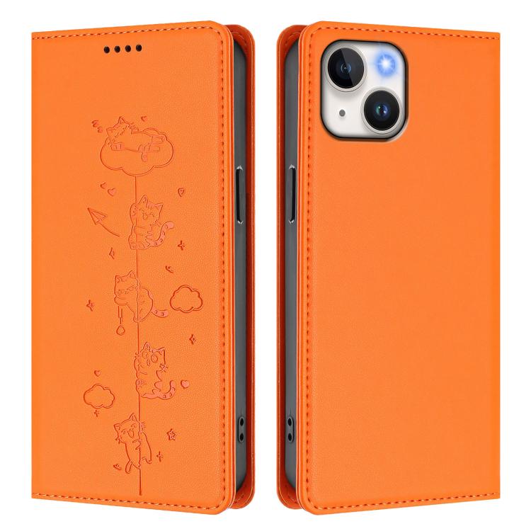 For iPhone 14 Plus Cute Cats Embossed Magnetic RFID Vegan Leather Phone Case