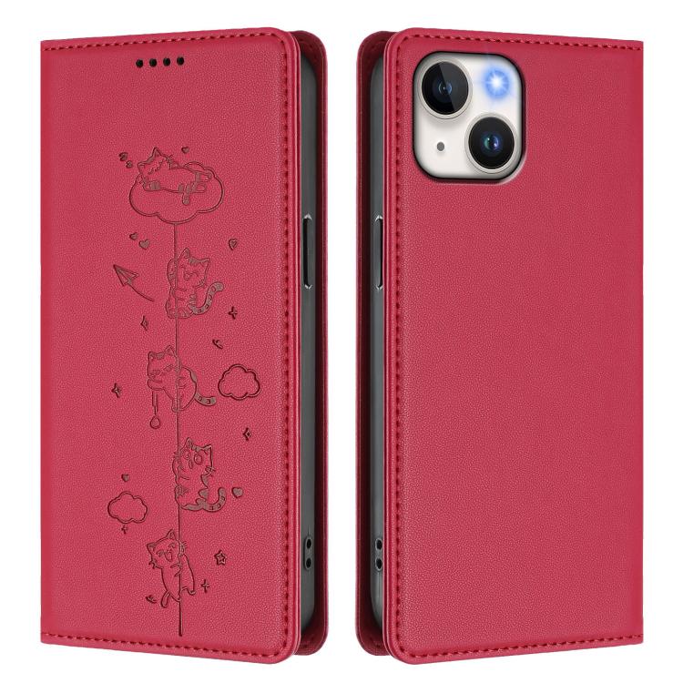 For iPhone 14 Plus Cute Cats Embossed Magnetic RFID Vegan Leather Phone Case