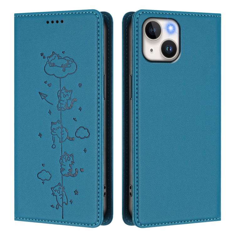 For iPhone 14 Plus Cute Cats Embossed Magnetic RFID Vegan Leather Phone Case