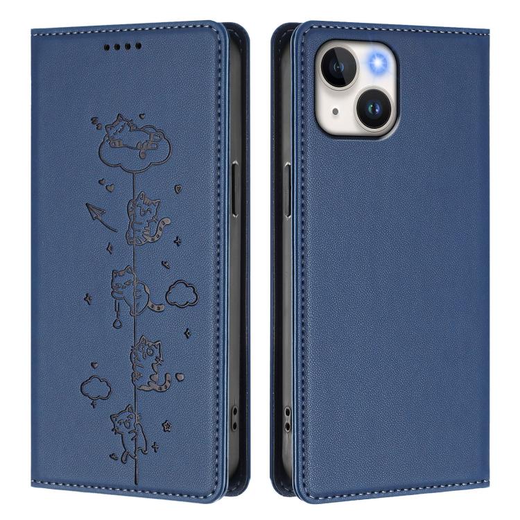 For iPhone 14 Plus Cute Cats Embossed Magnetic RFID Vegan Leather Phone Case