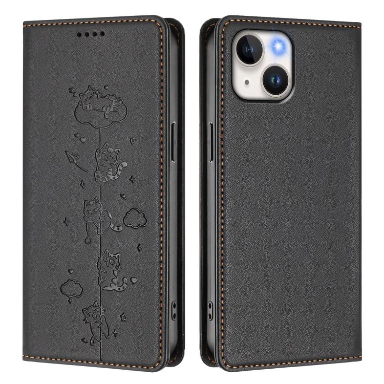 For iPhone 14 / 13 Cute Cats Embossed Magnetic RFID Vegan Leather Phone Case