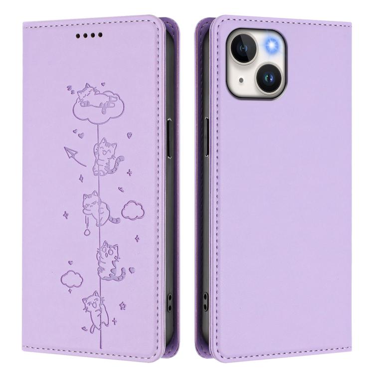 For iPhone 14 / 13 Cute Cats Embossed Magnetic RFID Vegan Leather Phone Case