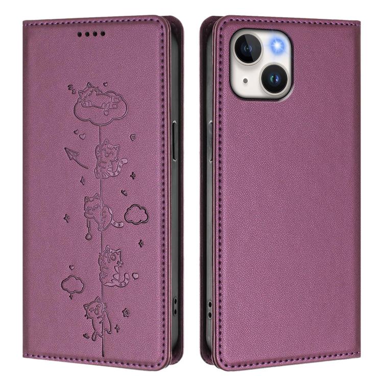 For iPhone 14 / 13 Cute Cats Embossed Magnetic RFID Vegan Leather Phone Case