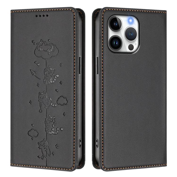 For iPhone 14 Pro Cute Cats Embossed Magnetic RFID Vegan Leather Phone Case