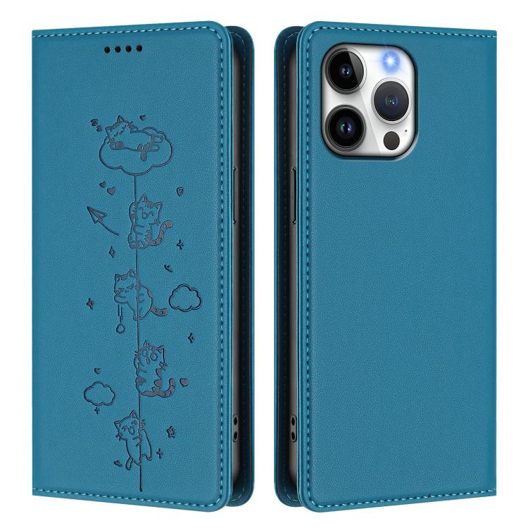 For iPhone 14 Pro Cute Cats Embossed Magnetic RFID Vegan Leather Phone Case