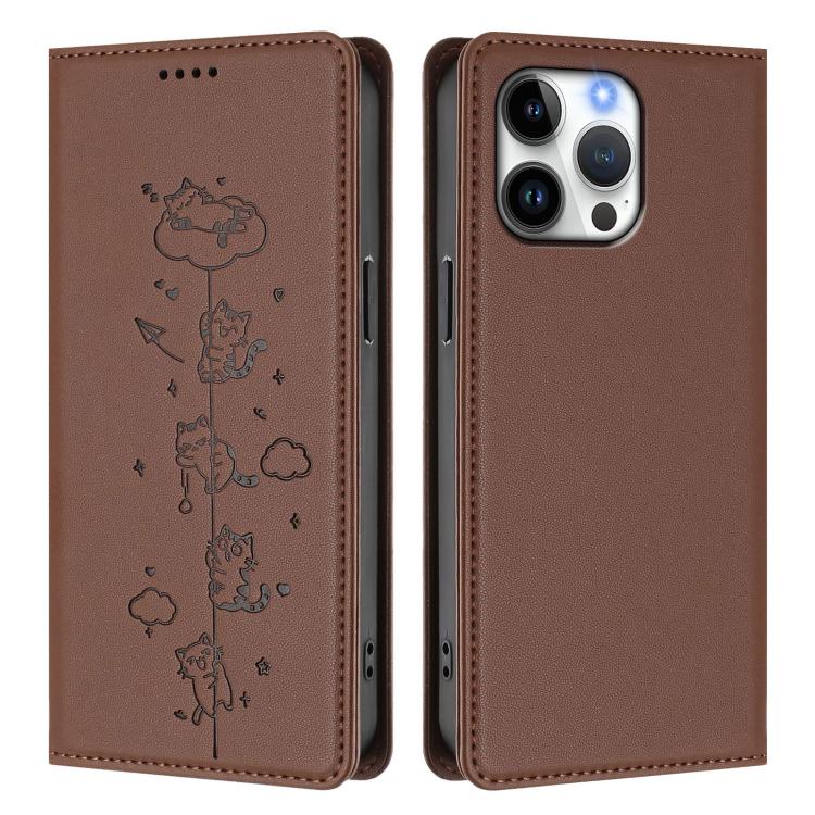 For iPhone 14 Pro Cute Cats Embossed Magnetic RFID Vegan Leather Phone Case