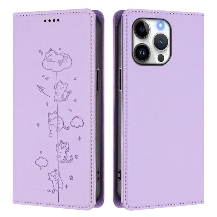 For iPhone 13 Pro Max Cute Cats Embossed Magnetic RFID Vegan Leather Phone Case