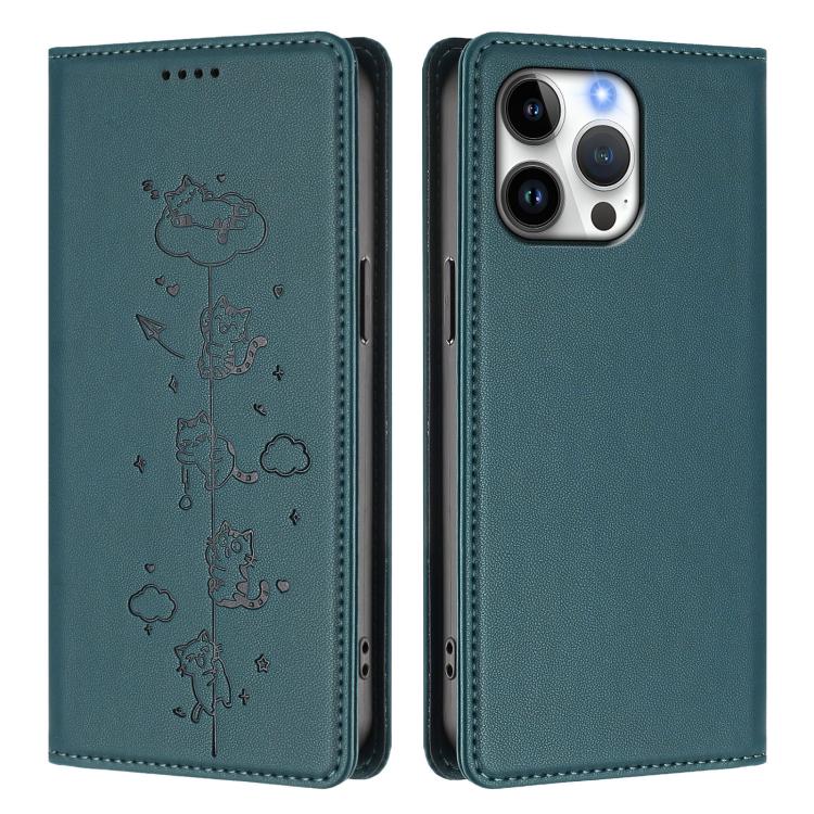 For iPhone 13 Pro Cute Cats Embossed Magnetic RFID Vegan Leather Phone Case