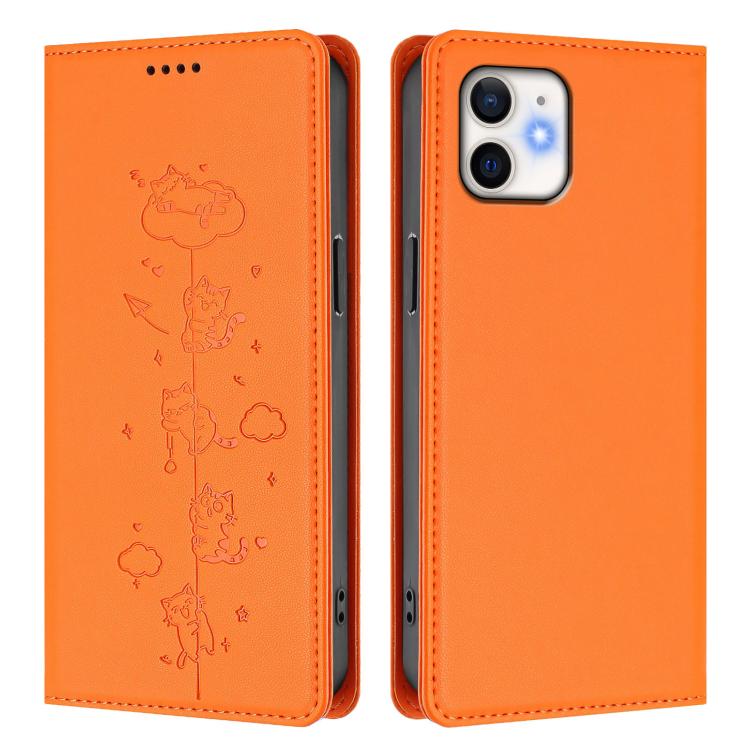 For iPhone 12 / 12 Pro Cute Cats Embossed Magnetic RFID Vegan Leather Phone Case