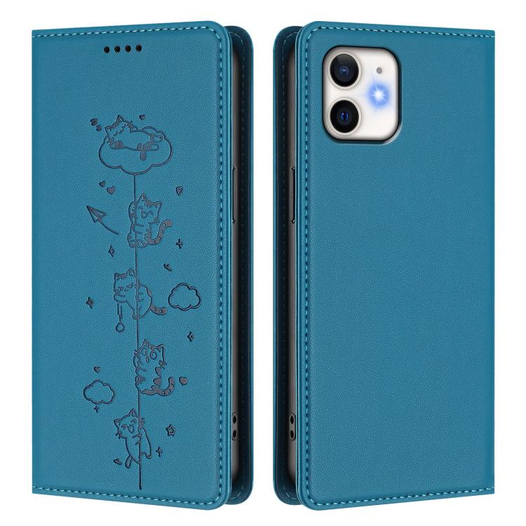 For iPhone 12 / 12 Pro Cute Cats Embossed Magnetic RFID Vegan Leather Phone Case