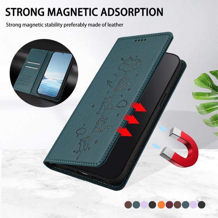 For iPhone 12 / 12 Pro Cute Cats Embossed Magnetic RFID Vegan Leather Phone Case