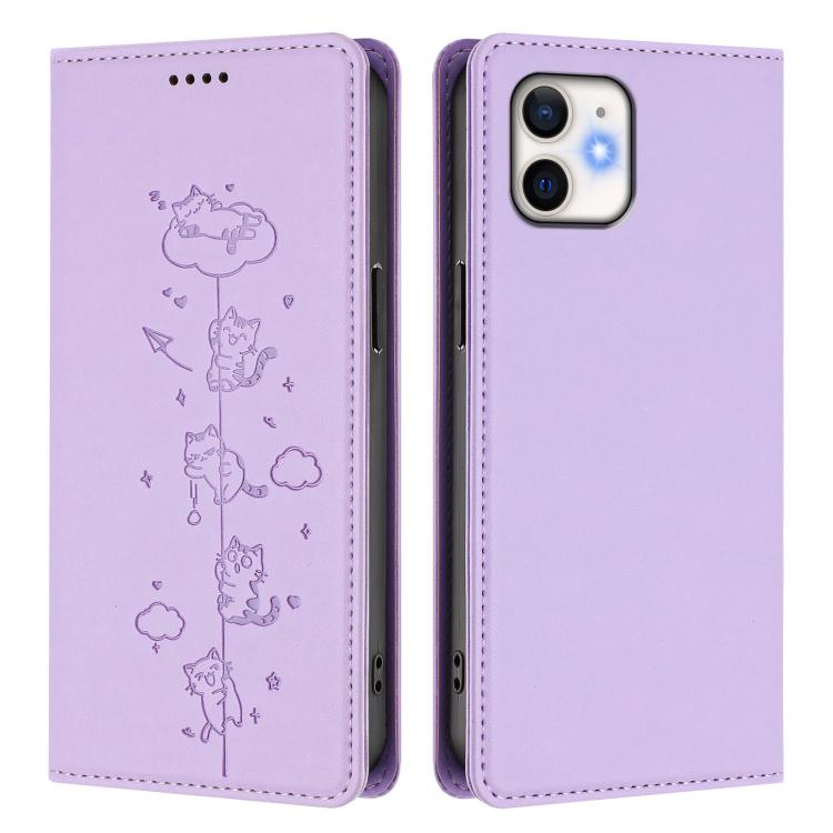 For iPhone 12 / 12 Pro Cute Cats Embossed Magnetic RFID Vegan Leather Phone Case
