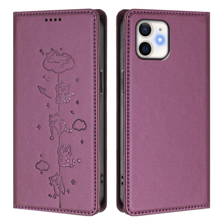 For iPhone 12 / 12 Pro Cute Cats Embossed Magnetic RFID Vegan Leather Phone Case