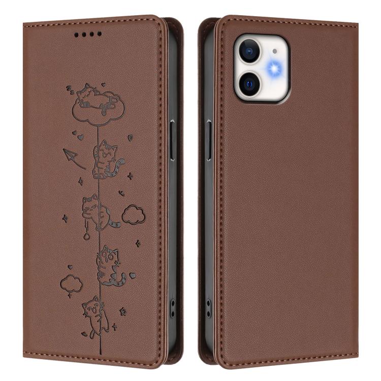 For iPhone 12 / 12 Pro Cute Cats Embossed Magnetic RFID Vegan Leather Phone Case