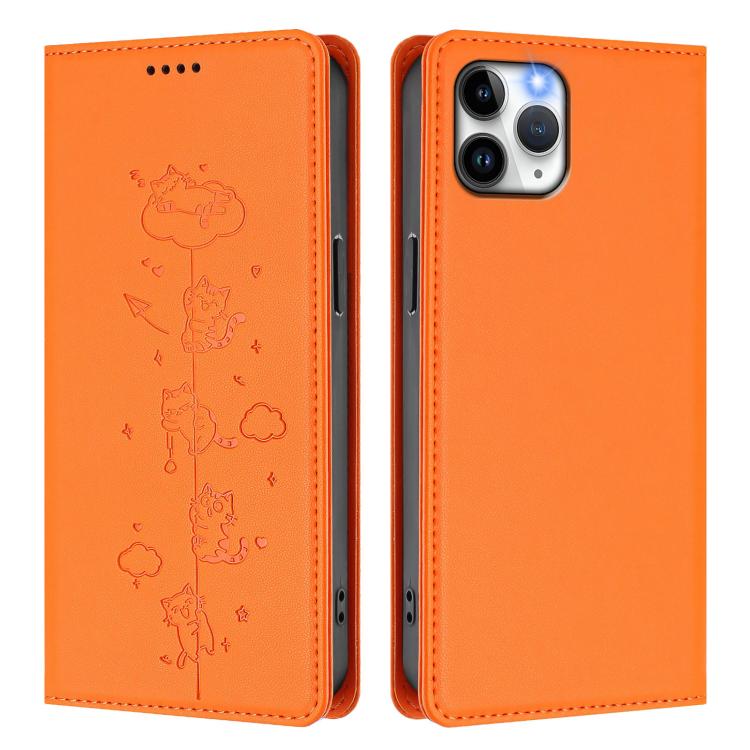 For iPhone 11 Pro Max Cute Cats Embossed Magnetic RFID Vegan Leather Phone Case