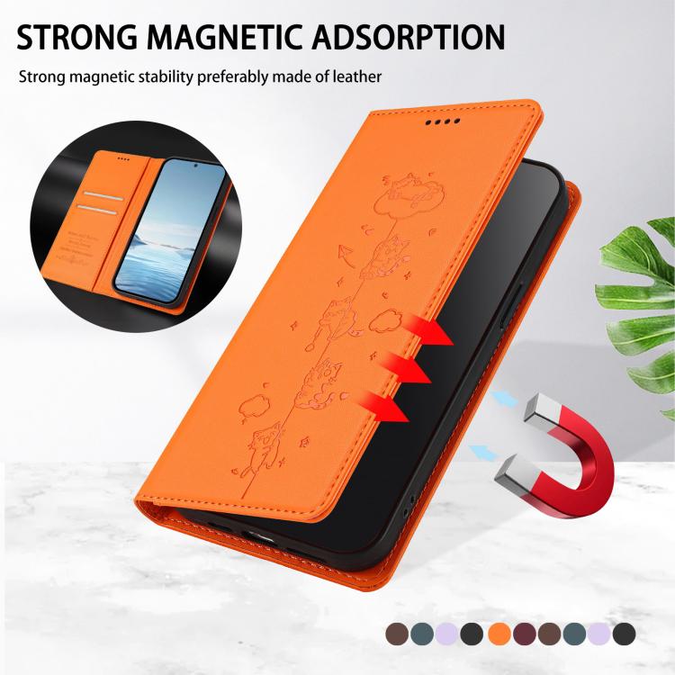 For iPhone 11 Pro Max Cute Cats Embossed Magnetic RFID Vegan Leather Phone Case