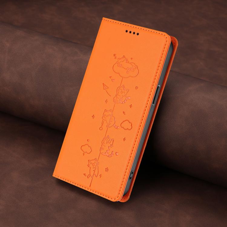 For iPhone 11 Pro Max Cute Cats Embossed Magnetic RFID Vegan Leather Phone Case