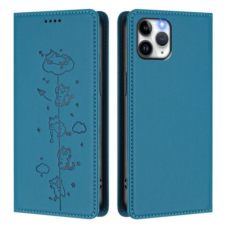 For iPhone 11 Pro Max Cute Cats Embossed Magnetic RFID Vegan Leather Phone Case