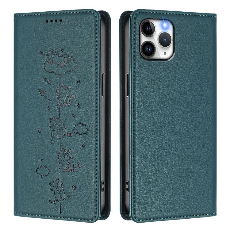 For iPhone 11 Pro Max Cute Cats Embossed Magnetic RFID Vegan Leather Phone Case