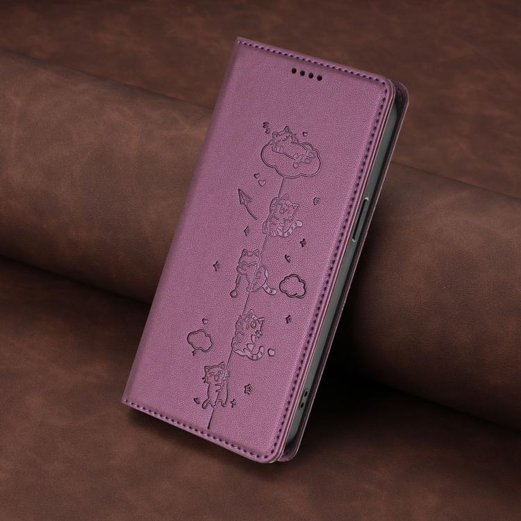 For iPhone 11 Pro Max Cute Cats Embossed Magnetic RFID Vegan Leather Phone Case